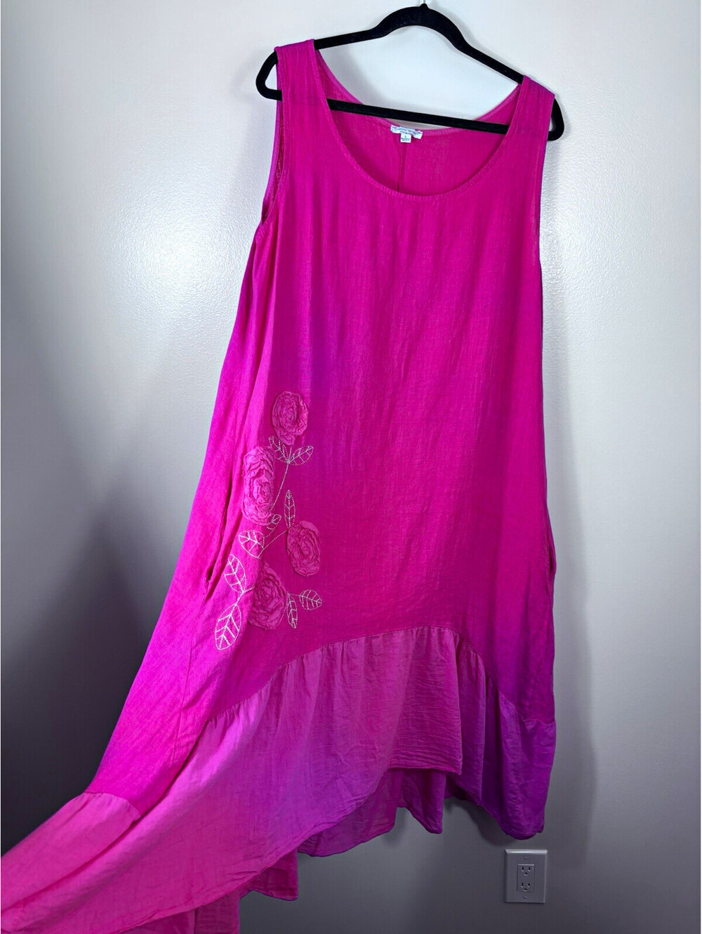 Cristina Vergani Dress Sz L Italian Linen Blend Embroidered Rosettes Hot Pink